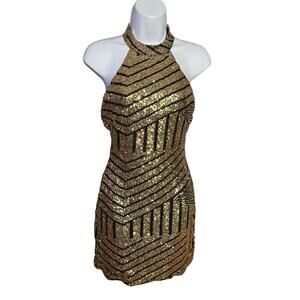 Lac Bleu black mesh gold sequin high neck halter mini dress small